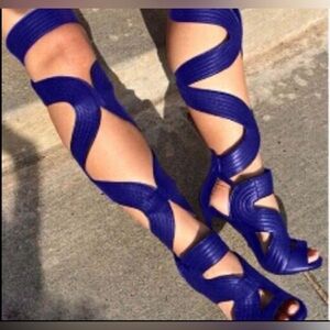 Women's Over the Knee High Heel Gladiator Roman Thick Strap Sandals, Blue 9